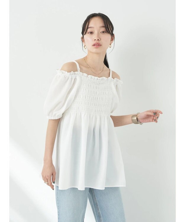 earth music&ecology ２ｗａｙショルダーシャーリングチュニック Off White