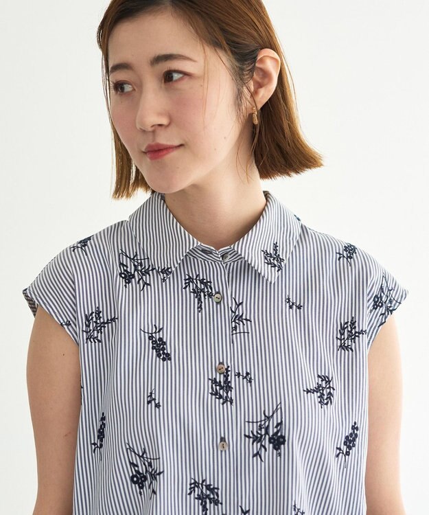 YECCA VECCA ストライプ柄フラワー刺繍シャツ Navy