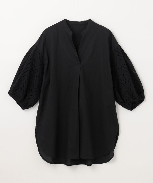 ANY 【洗濯機可】エンブロイダリー スキッパーチュニックブラウス ブラック