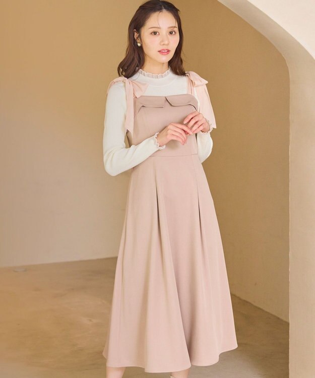 Feroux シアーリボンショルダー ジャンパースカート ピンク系