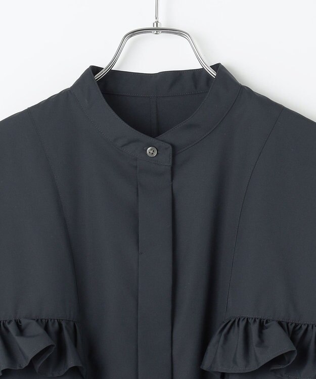 #Newans 【シワになりにくい/洗濯機可能】ラウンドフリルバンドカラーシャツ ネイビー