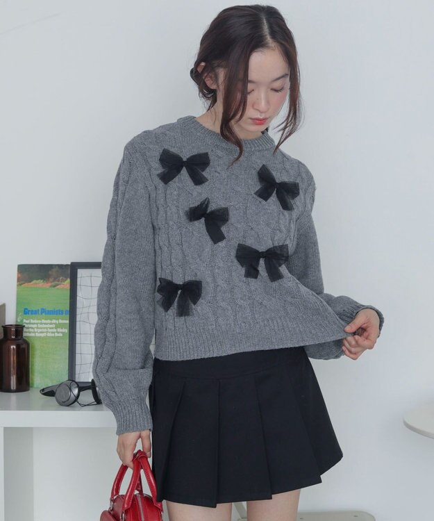 WEGO チュールリボンケーブルニット 杢グレー