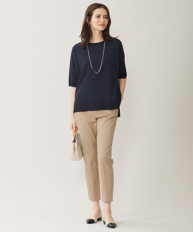 自由区 L 【接触冷感・UVカット・WEB限定カラーあり】クレープストレッチプルオーバー ニット ネイビー