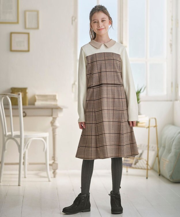 組曲 KIDS 【150-160㎝】レディチェック ワンピース ブラウン