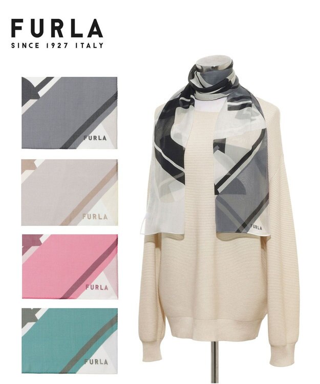 MOONBAT 【シルク100%】FURLA (フルラ) アーチロゴ 幾何学柄 シルクシフォンプリントスカーフ 150cm×35cm 手洗い可能 グレー