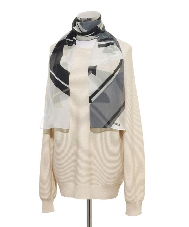 MOONBAT 【シルク100%】FURLA (フルラ) アーチロゴ 幾何学柄 シルクシフォンプリントスカーフ 150cm×35cm 手洗い可能 グレー