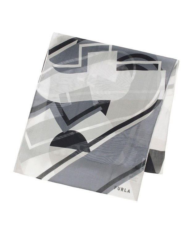 MOONBAT 【シルク100%】FURLA (フルラ) アーチロゴ 幾何学柄 シルクシフォンプリントスカーフ 150cm×35cm 手洗い可能 グレー