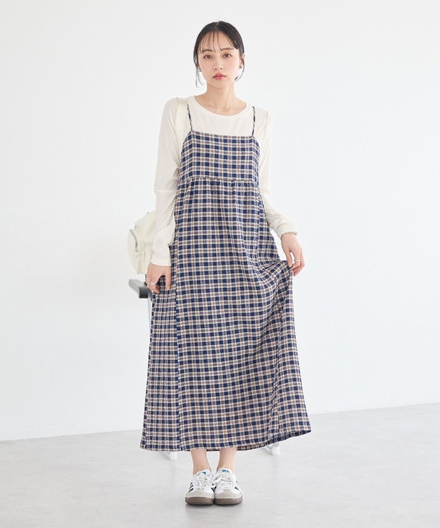 earth music&ecology シャーリングラメチェックキャミワンピース Navy