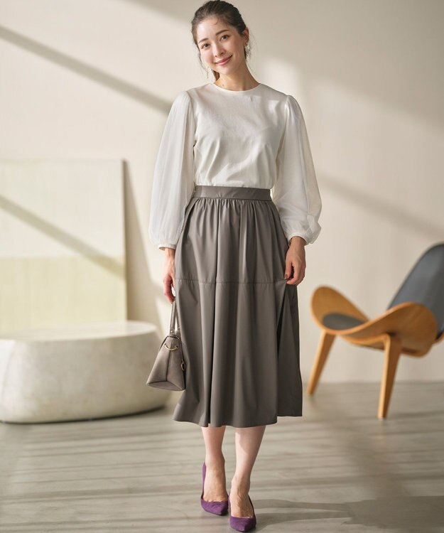 組曲 レザーライクライト タックギャザースカート モーヴグレー系