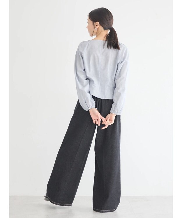 earth music&ecology フロントリボンブラウス Stripe Navy