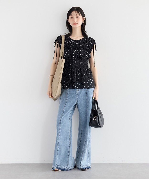 YECCA VECCA ドットMIXシャーリングブラウス Black