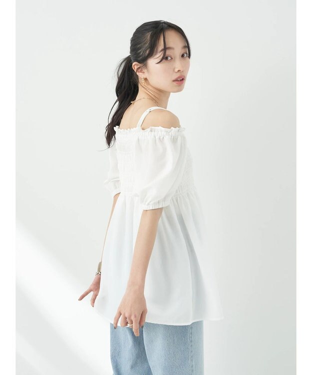 earth music&ecology ２ｗａｙショルダーシャーリングチュニック Off White