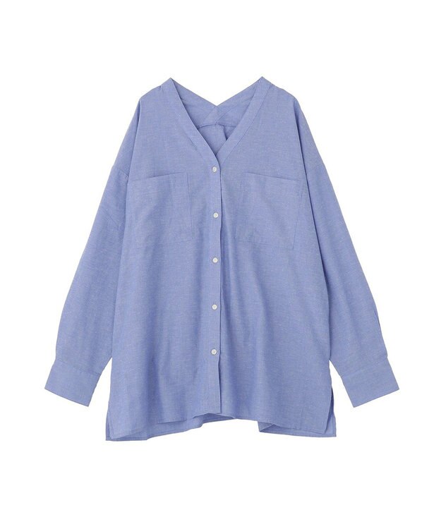 Green Parks 綿麻混Ｖネックオーバーサイズシャツ Sax