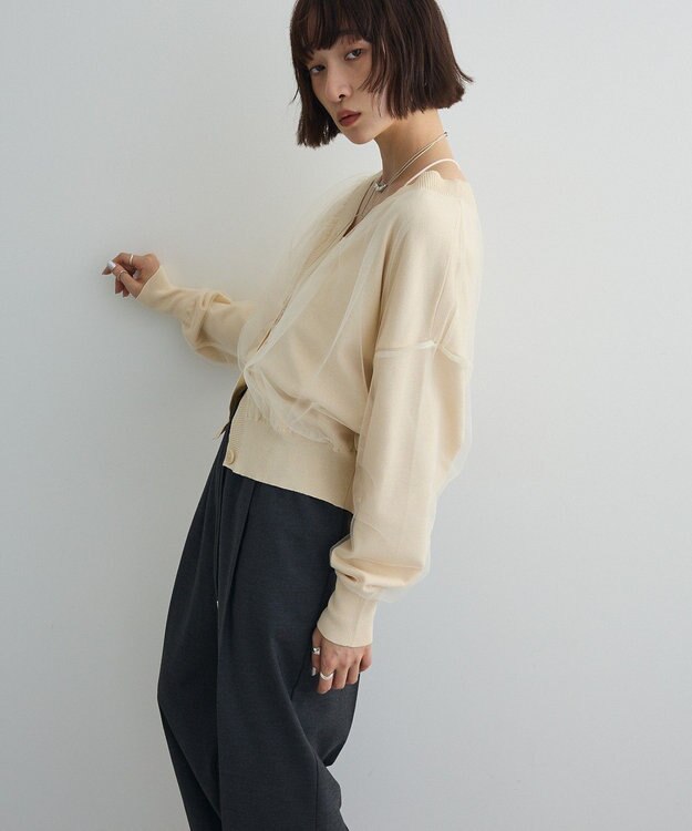 Green Parks チュールドッキングＶネックニットカーディガン Ivory