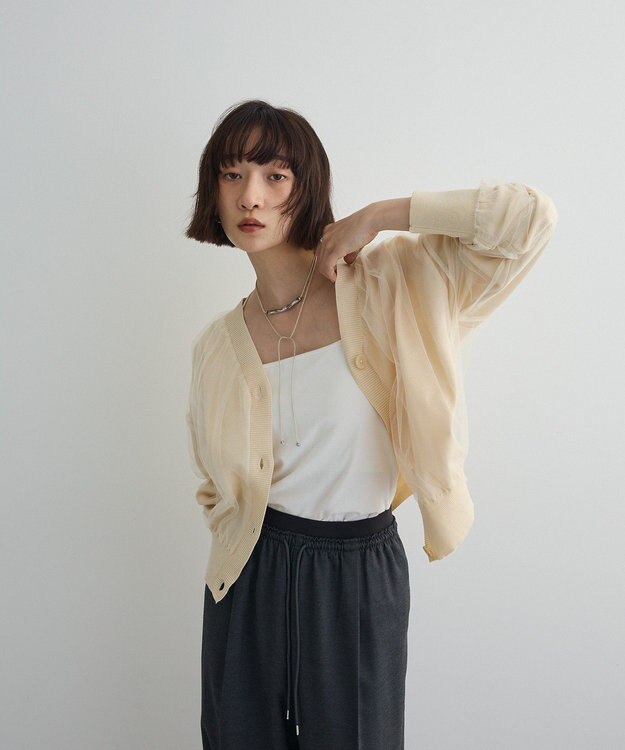 Green Parks チュールドッキングＶネックニットカーディガン Ivory