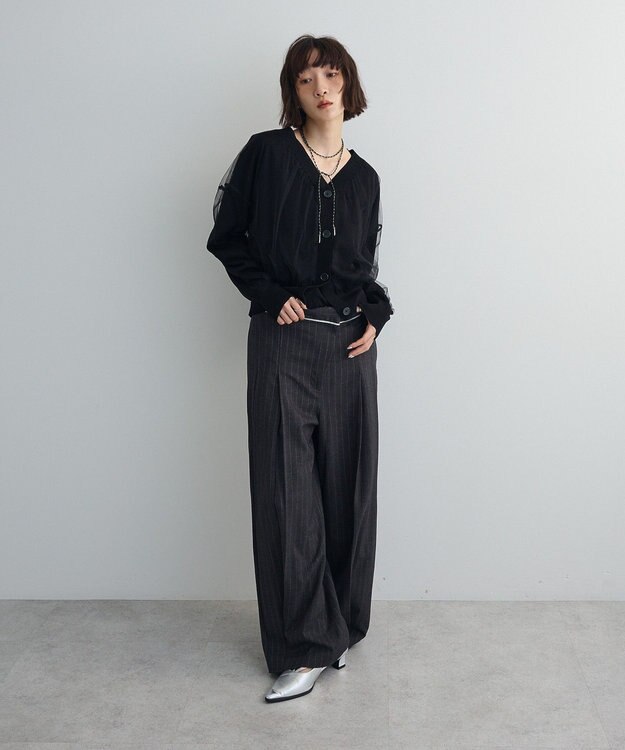 Green Parks チュールドッキングＶネックニットカーディガン Black