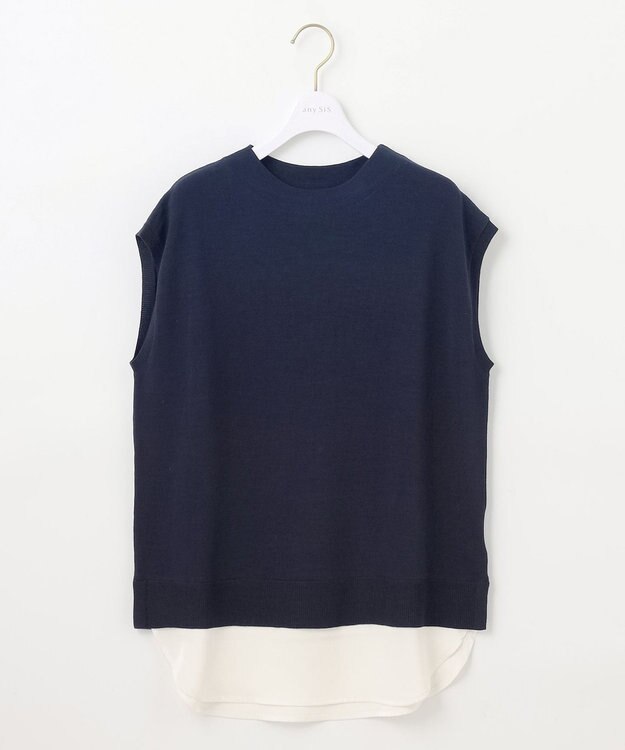 ANY SIS S 【洗える】フレンチスリーブシャツテール ニット ネイビー