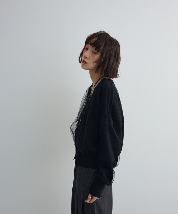 Green Parks チュールドッキングＶネックニットカーディガン Black