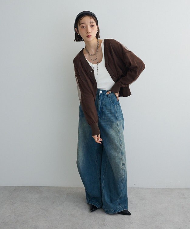 Green Parks チュールドッキングＶネックニットカーディガン Brown