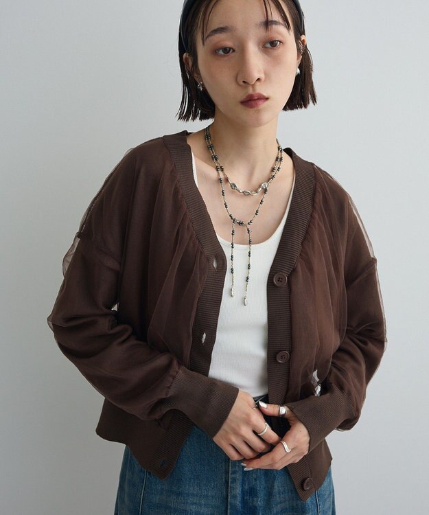Green Parks チュールドッキングＶネックニットカーディガン Brown