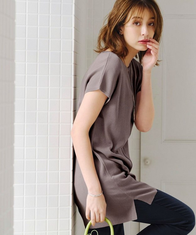 Tiaclasse 【洗える】フレンチスリーブニットチュニック モカ