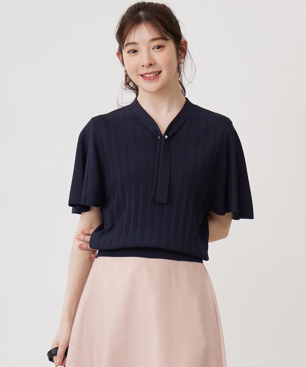 ANY SIS 【UVケア】ボウタイフレアスリーブ ニット ネイビー