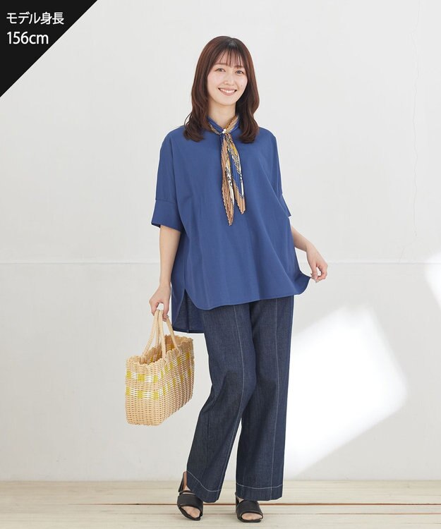 Tiaclasse L TCデニム切替ワイドストレートパンツ ネイビー