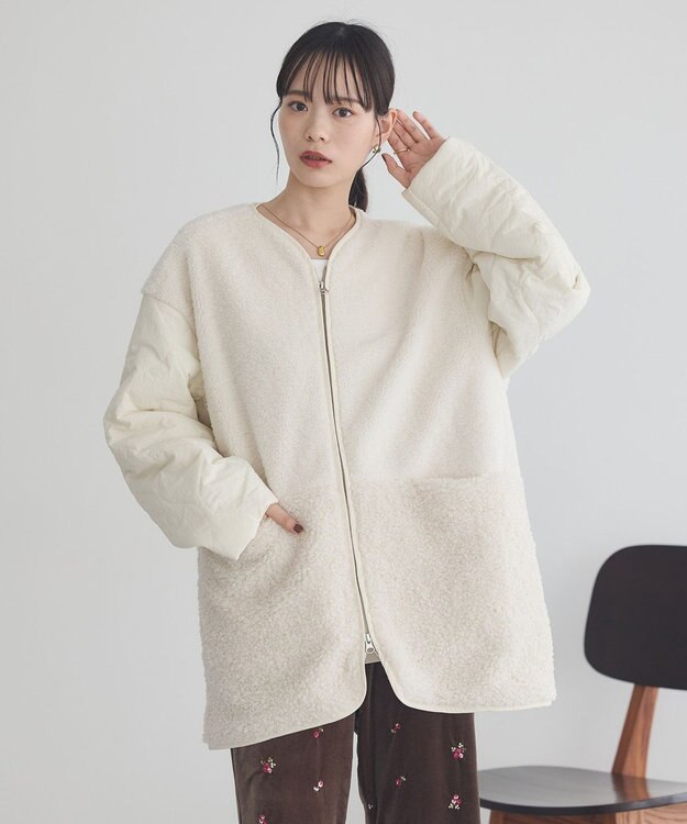 earth music&ecology ボアキルトミドルコート Ivory