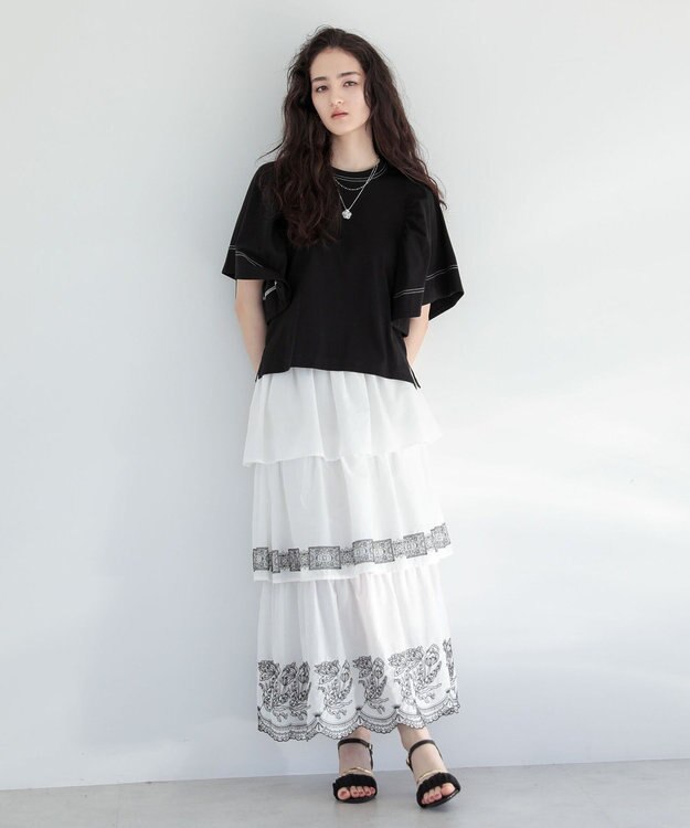 Green Parks ■ＥＳＣＡＲ　バイカラー刺繍ティアードスカート Off White