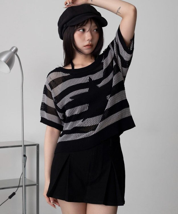 WEGO オフショルメッシュニット（S） グレーボーダー