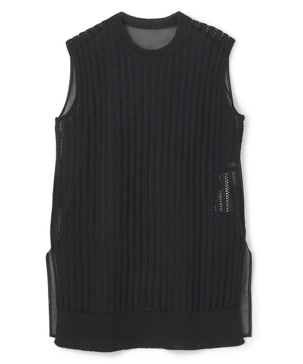 BEIGE， 【洗える】ALOE / コットンメッシュオーガンジーノースリーブニット Black