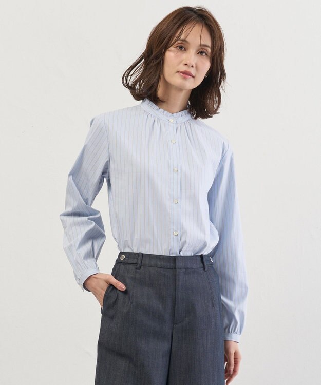 J.PRESS LADIES L BEZコットンナイロン ストライプ フリル襟 ブラウス サックス×ホワイト×ベージュ系