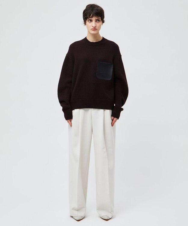 BEIGE， 【洗える】LEADER / フェイクレザーポケットクルーネックトップス Bordeaux