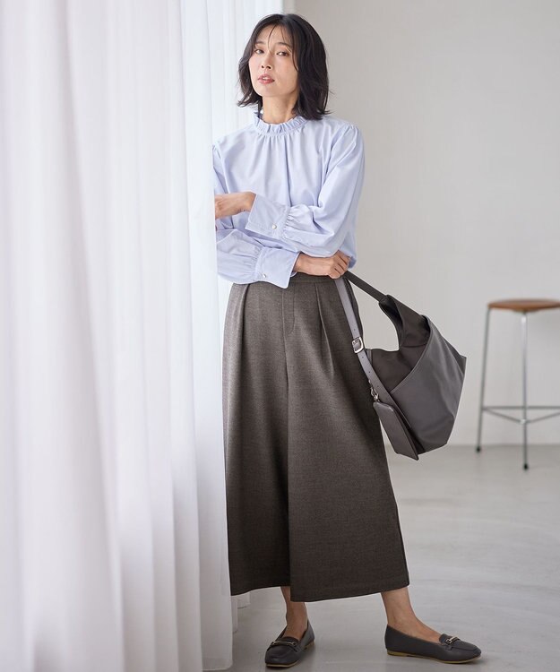 ANY 【洗濯機可/ウエストゴム】ライトツイードワイドパンツ モカ