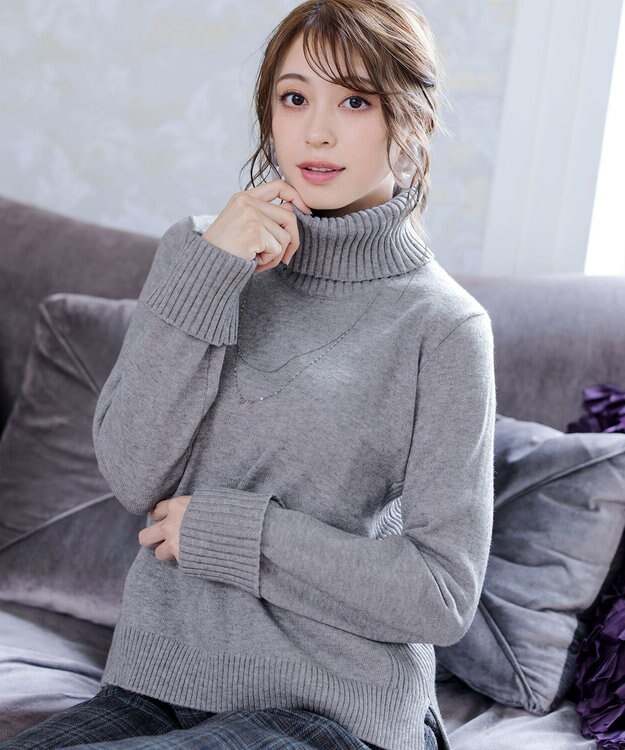 Tiaclasse L 【洗える】もっちり柔らかいリブタートルプルオーバーニット グレー