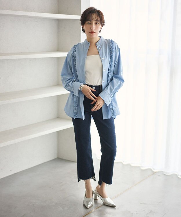 #Newans 【洗濯機可能/シワになりにくい】パネルフリルシャツ ブルーストライプ