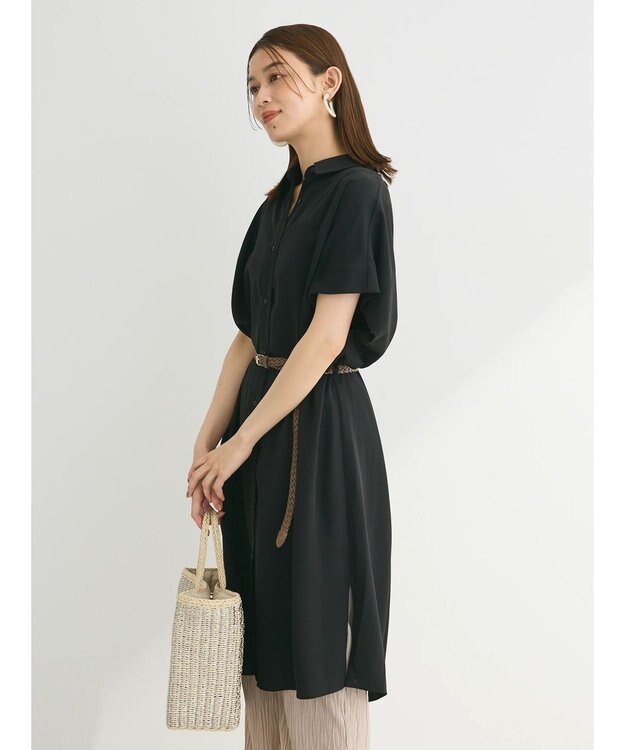 Green Parks ＳＥＴ２点　合皮ベルト＋ミディシャツワンピース Black