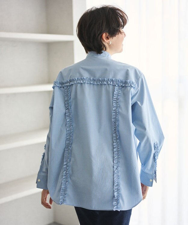 #Newans 【洗濯機可能/シワになりにくい】パネルフリルシャツ ブルーストライプ