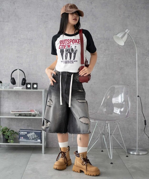 WEGO グラフィックショートサイドリボンドロストT 柄7