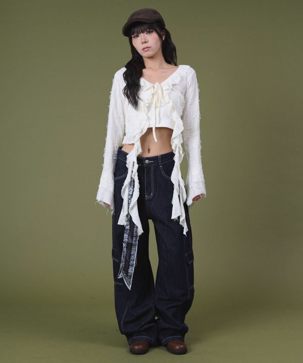 WEGO バンダナ付きリジットワイドデニム デニム濃色