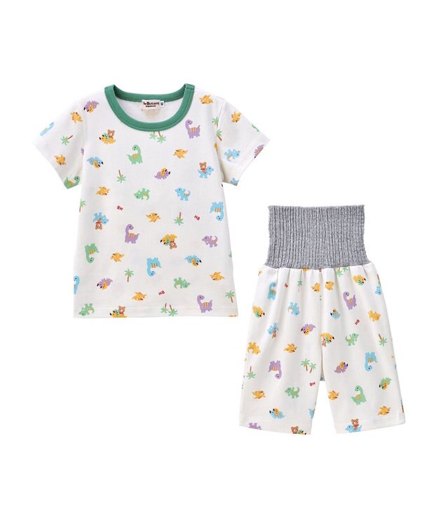 MIKI HOUSE HOT BISCUITS 【80-120cm】 恐竜柄 腹巻き付き 天竺素材 半袖パジャマ マルチカラー