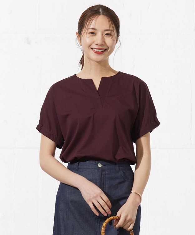 J.PRESS LADIES L 【接触冷感】プレーティングジャージー フレンチスリーブ カットソー ボルドー系