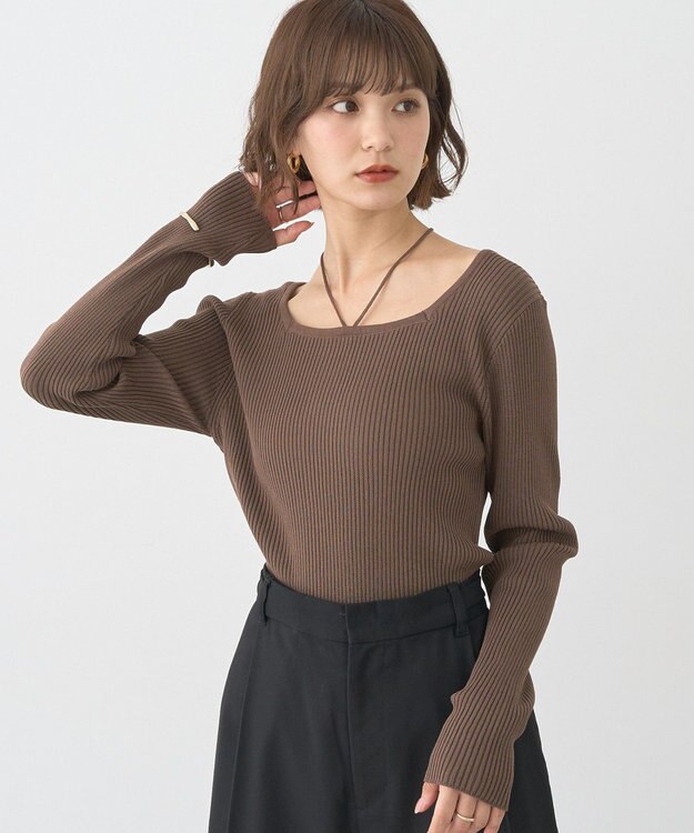 earth music&ecology 【洗濯機洗い可】スクエアホルターネックリブプルオーバー Brown
