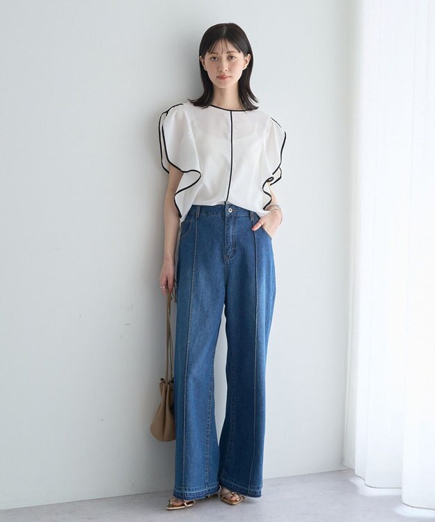 YECCA VECCA 配色ラッフルスリーブブラウス Off White