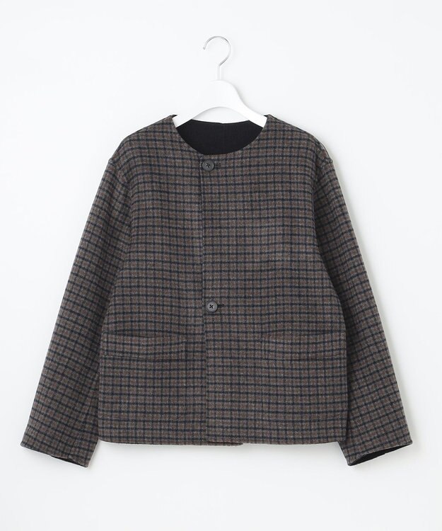 J.PRESS LADIES S 【リバーシブル】ウールナイロン リバーチェック ノーカラー ショートコート ネイビー系