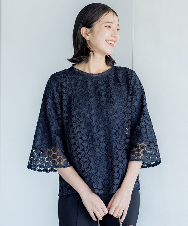 組曲 【WEB限定】フラワーレース袖フレア ブラウス ネイビー系