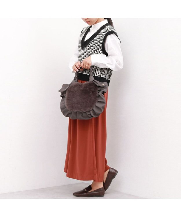 UNBILLION カシュカシュ cachecache / 下がりリボンエコファーコンビラウンドトート GY