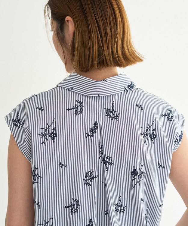 YECCA VECCA ストライプ柄フラワー刺繍シャツ Navy