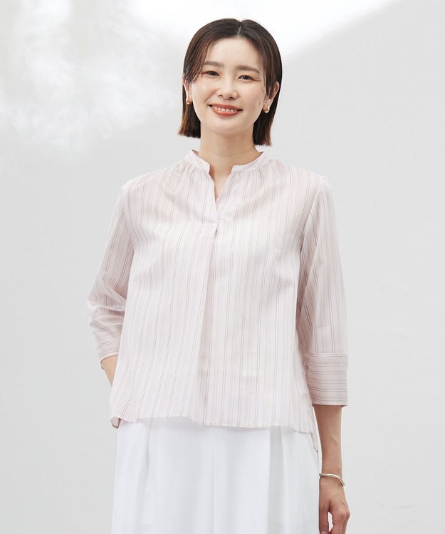 J.PRESS LADIES 【洗える】ランダムストライプ スタンドカラー  ブラウス ピンクストライプ系