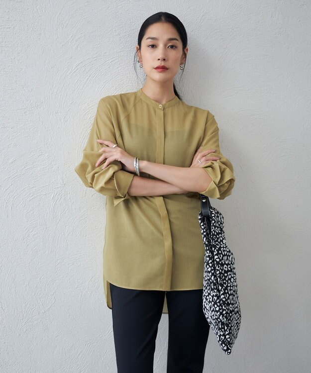 ICB 【洗える】ハイツイストコットンボイル バンドカラーブラウス クレイベージュ系